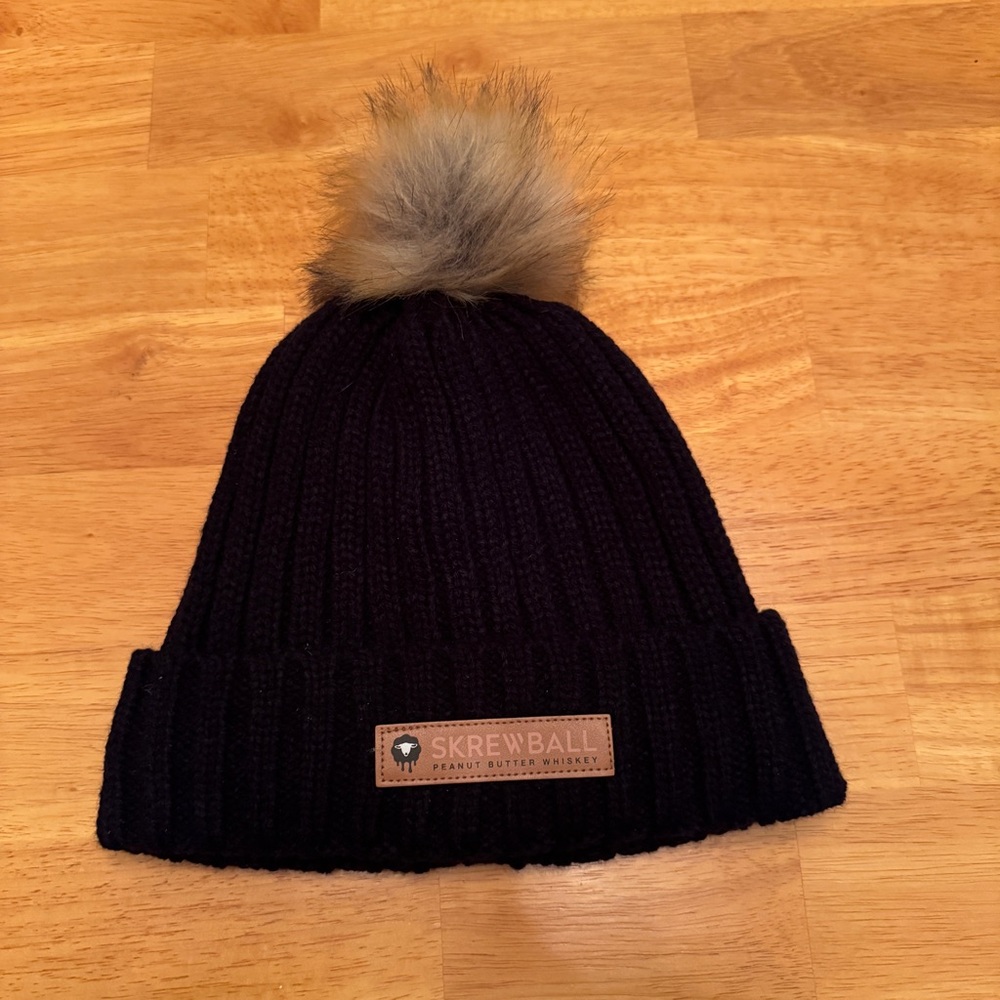 Screwball Black Knit Beanie with Lining and Faux Fur Pom